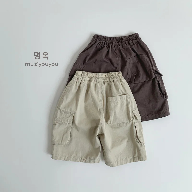 Summer childrens casual pants retro mens cargo pants large pocket childrens shorts girls loose pants baby solid color clothes 250408