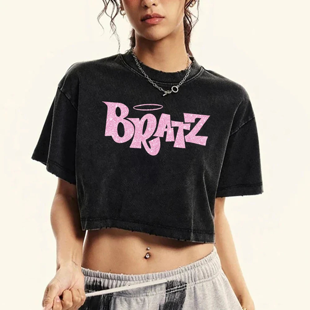 Pink Bratz letter printed womens Tshirt washed retro casual summer short sleeved soft ultrathin suitable for comfort 250407