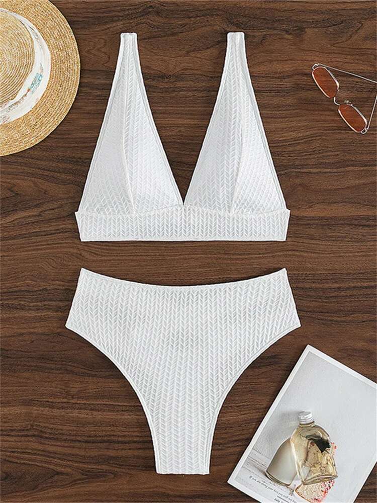 Dongdumaoyi Sexy Hollow Out High Waist Bikini Women Solid White V Neck Push Up Two Piece Swimsuit Beach Bathing Suit Backless Swimwear
