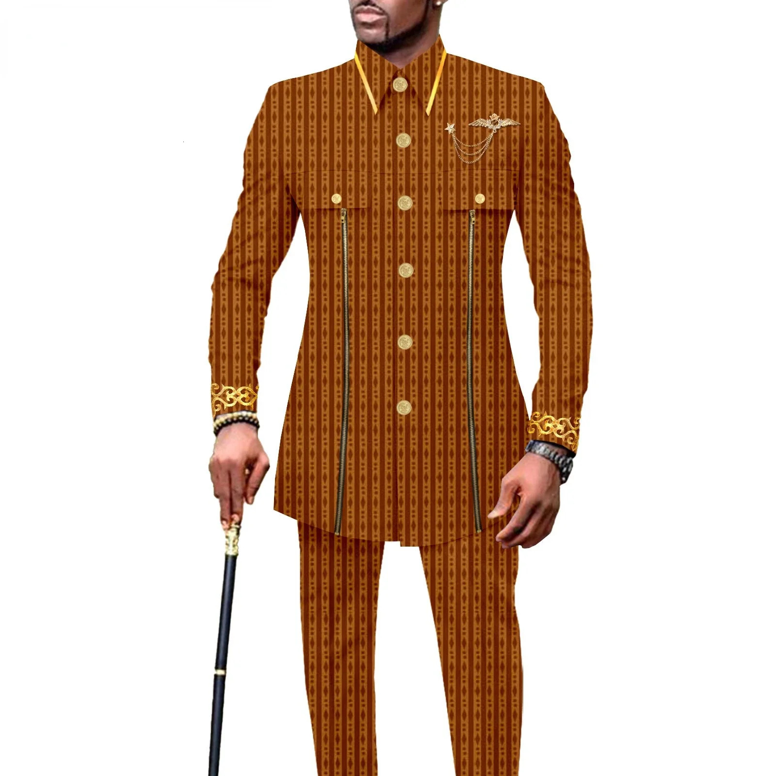 fashion casual African ethnic pure color cotton mens embroidered jacketpants 2 sets of fun suit 250408