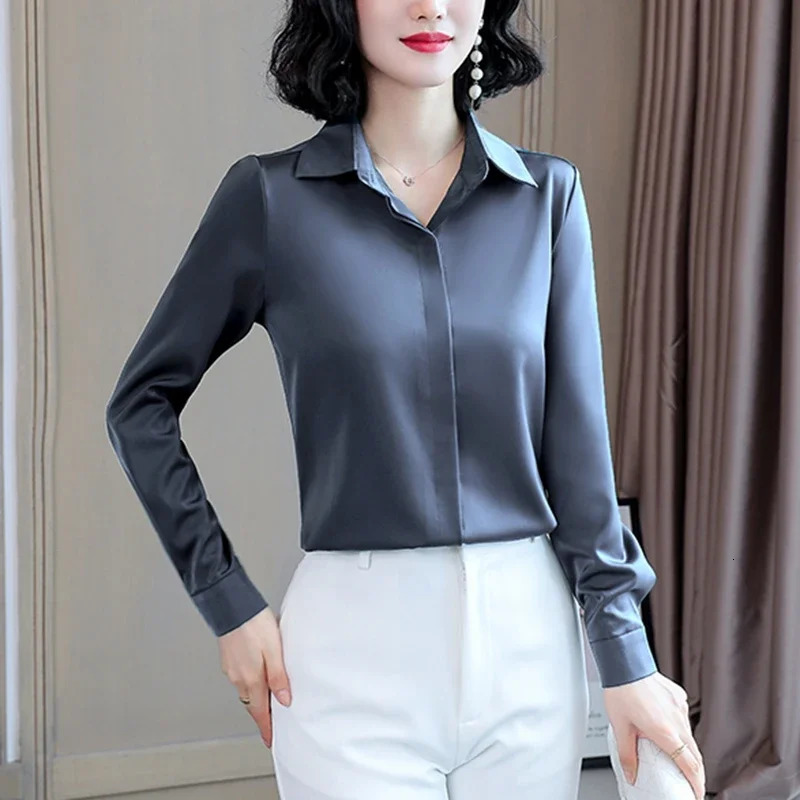 Womens Silk Office Shirt Fashion Long Sleeve Casual Womens Top Elegant Womens Retro White Satin Shirt Oversized 250402