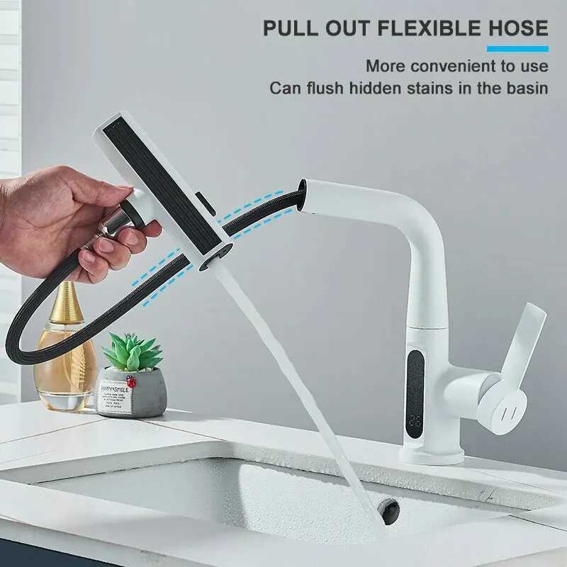 Temperature digital display basin faucet used for bathroom Pl waterfall flow 3-way spray hot cold sink mixer washing faucet Y250407