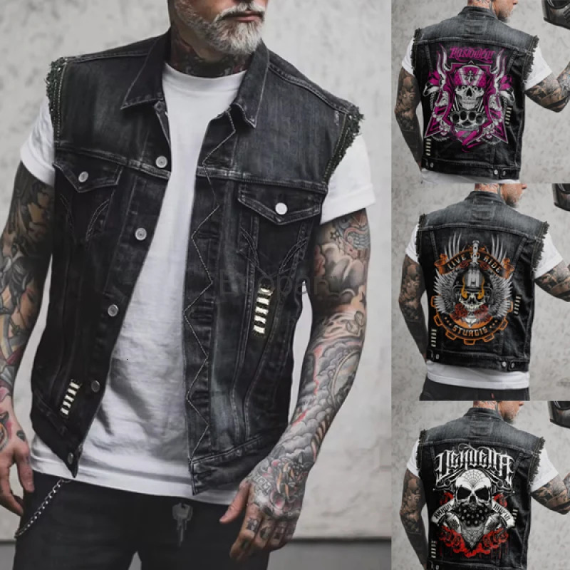 Mens fashion motorcycle vest with Spring and Autumn skull print Distressed Hole sleeveless punk denim jacket black streetwear 250407
