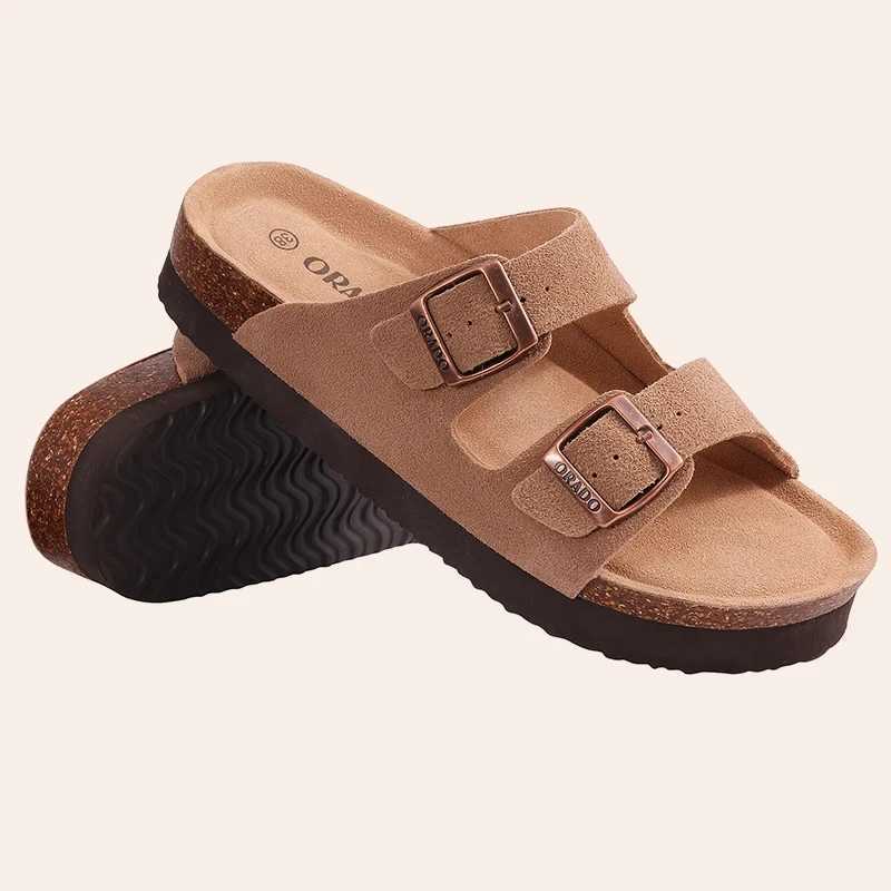 Comwarm Classic Cork Slippers For Women New Fashion Suede Flats Sandals Summer Couple Beach Slides Shoes With Adjustable BuckleC250408