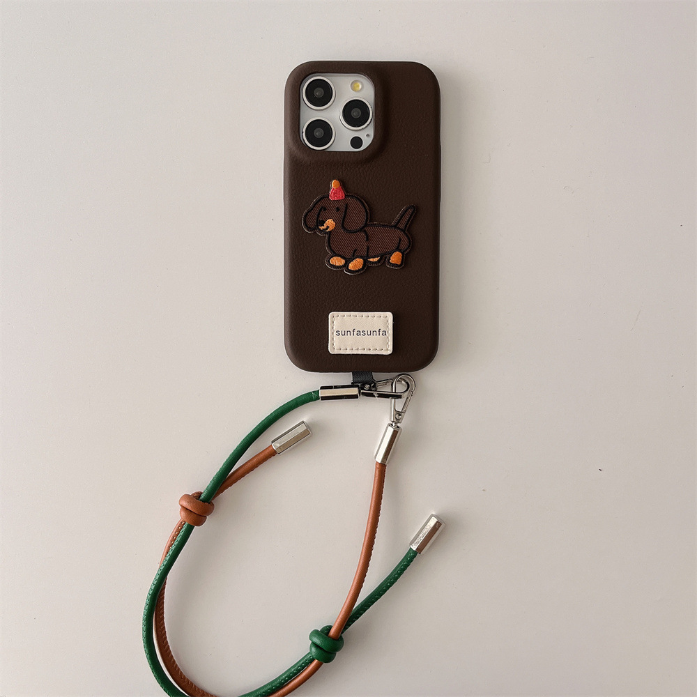 INS Embroidered Two-tone Lanyard Phone Case Compatible with iPhone 17/16/15 Niche Leather Case iPhone 14/13 Pro