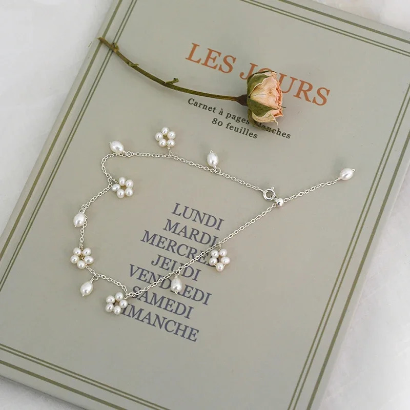 ASHIIQI Natural Freshwater Pearl Anklet Genuine 925 Sterling Silver Handmade Jewelry Wedding Jewelry Lady 250403