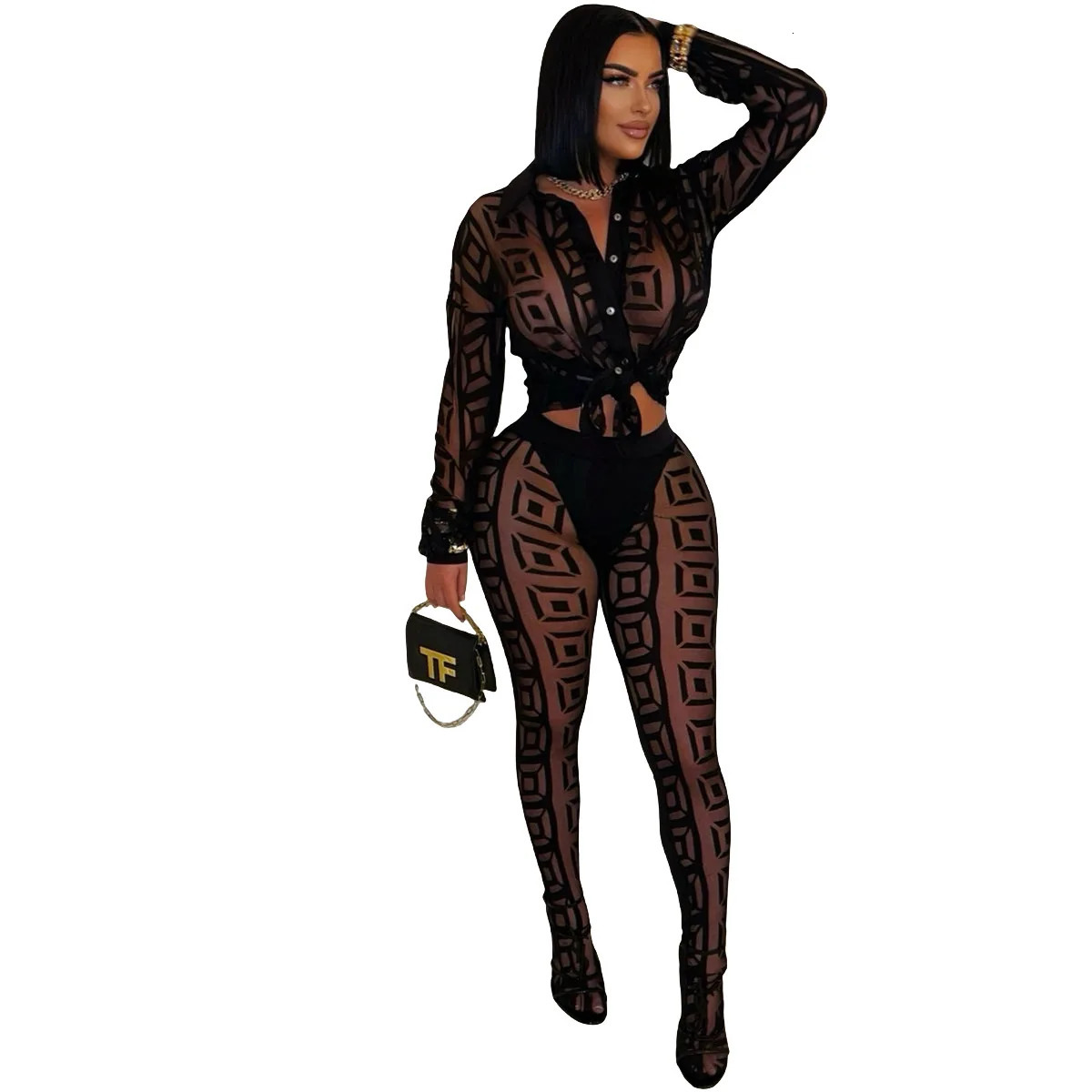 OSEN Women Club Party Sexy Playsuit Set Mesh Long Sleeve Hollow out Bodysuit All In One Jumpsuit Clothing 250407