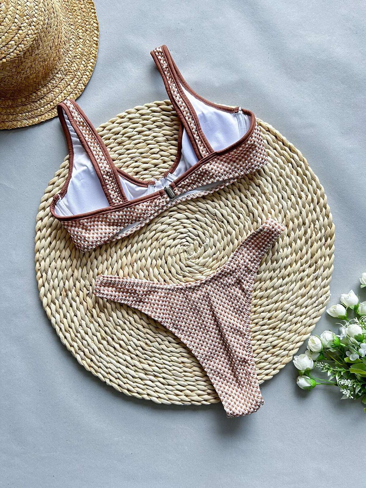 Dongdumaoyi Push Up Bikini Set Women Sexy Brown Plaid Underwire Swimwear Brazilian Beach Bathing Suit High Waist Swimsuit Traje De Ba O
