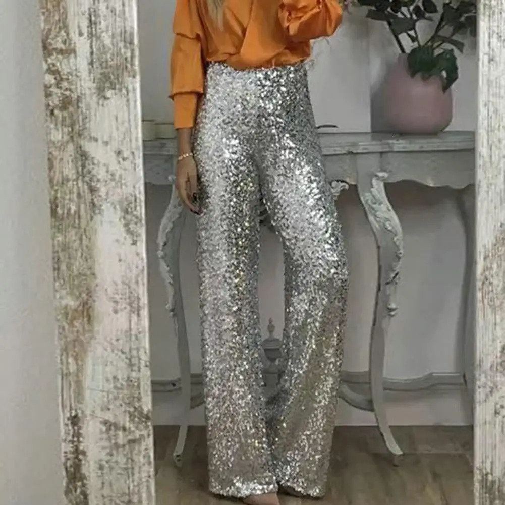 Elegant solid color pants sequins high waisted Flared pants ultra-thin fit suitable for women shiny Trousers solid color elastic streetwear 250402