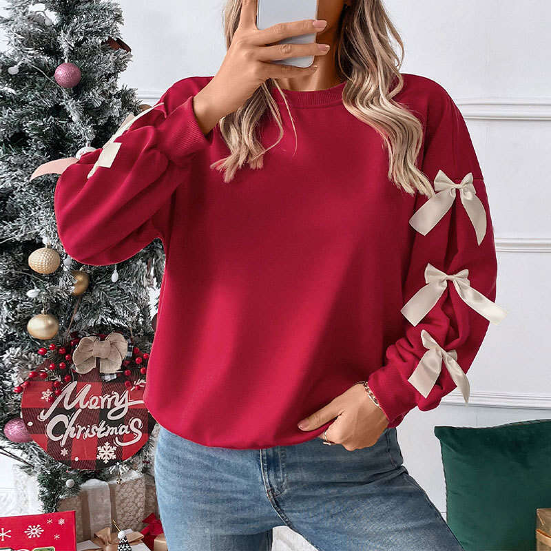 Autumn winter European and American hot items, sweet style top, round neck bow red Christmas hoodie, women's 2025 new casual fashion trend clothi