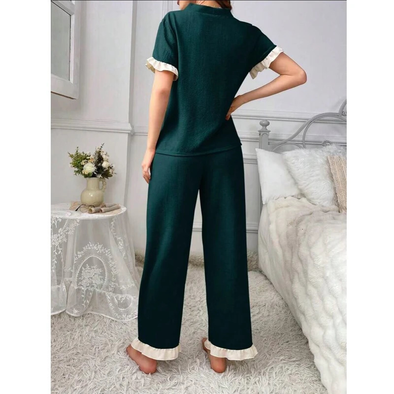 Stylish Solid Color Short Sleeve Pajama Set Button Up V-Neck Top Elastic Shorts Womens Comfortable Soft Homewear Loungewear Pjs 250408