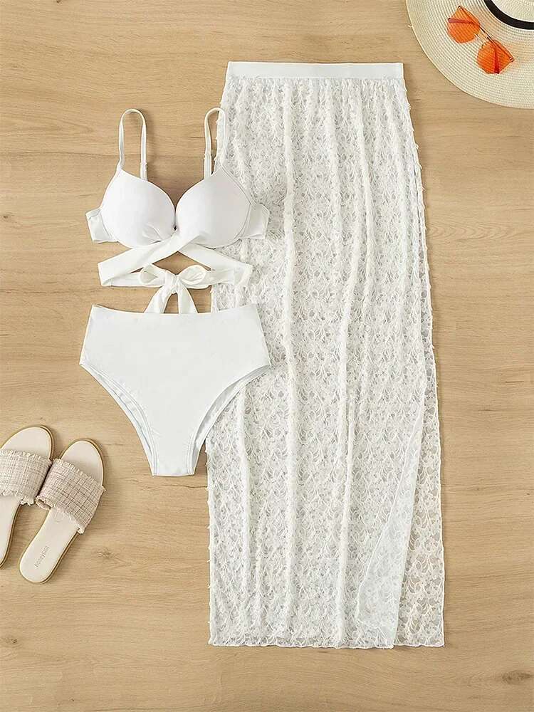 Dongdumaoyi Sexy White Pieces Skirt Bikinis Set Women Black Push Up Criss Cross Underwire Swimsuit Lace Cover Ups High Waist Swimwear