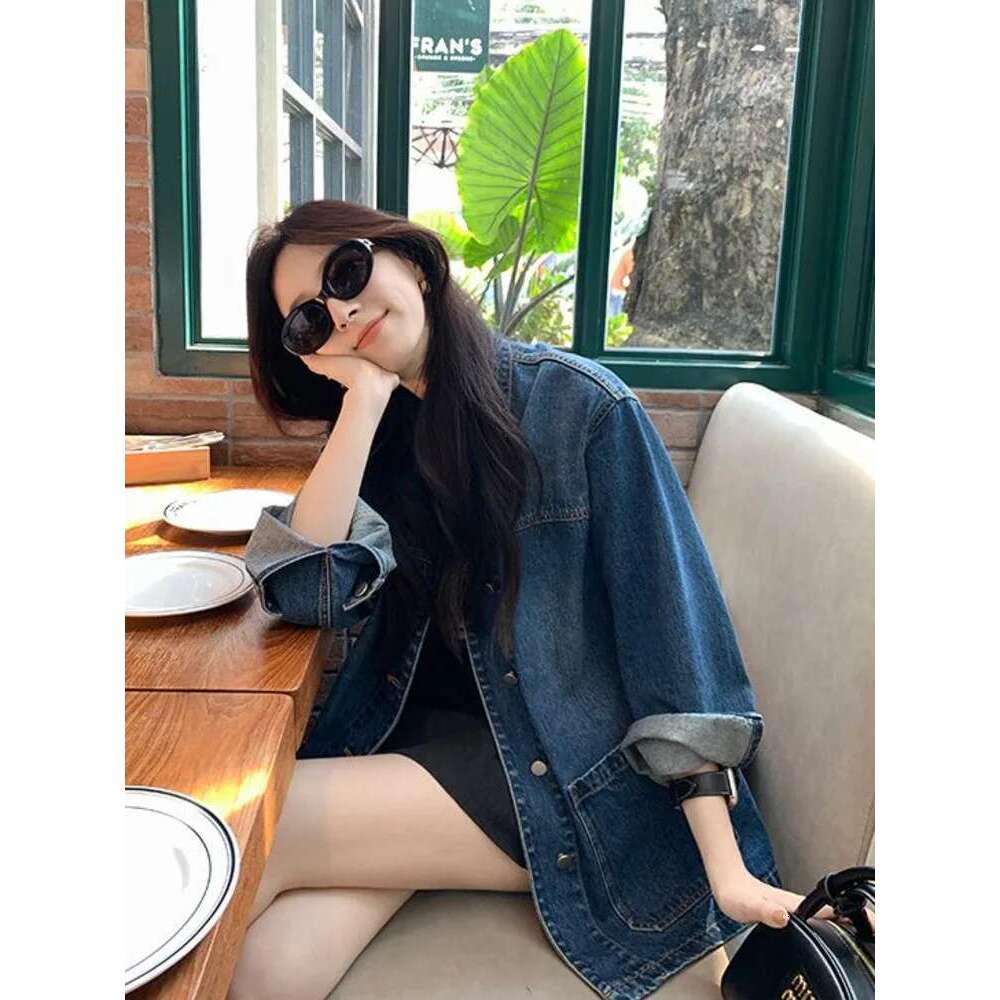 Simple Casual Loose Denim For Women Large Pockets Retro Turn Down Collar Long Sleeve All Match Jacket Coats Chic