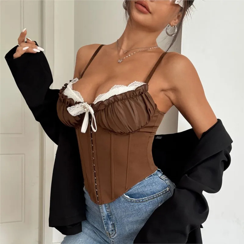 Women Lace Bustier Corset Tops Sexy Fish Boned Sheer Spaghetti Straps Y2K Going Out Night Club Party Tops With Buckle 250407