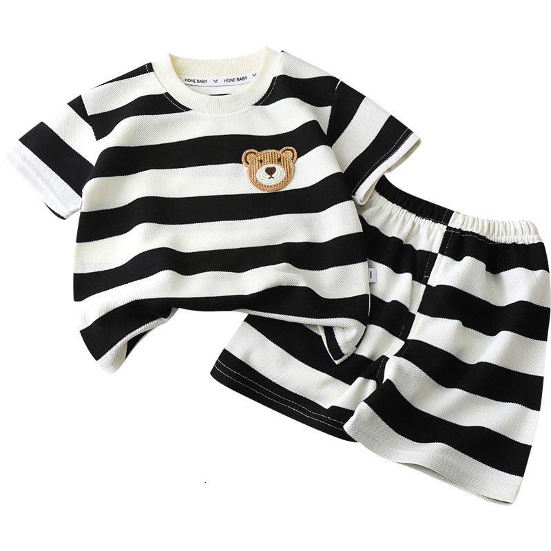 Ddmyshoesvip Children S Short Sleeved Set With Black And White Stripes Boys T Shirt Baby S Summer Children S Clothing Girls Shorts New Baby Clothes