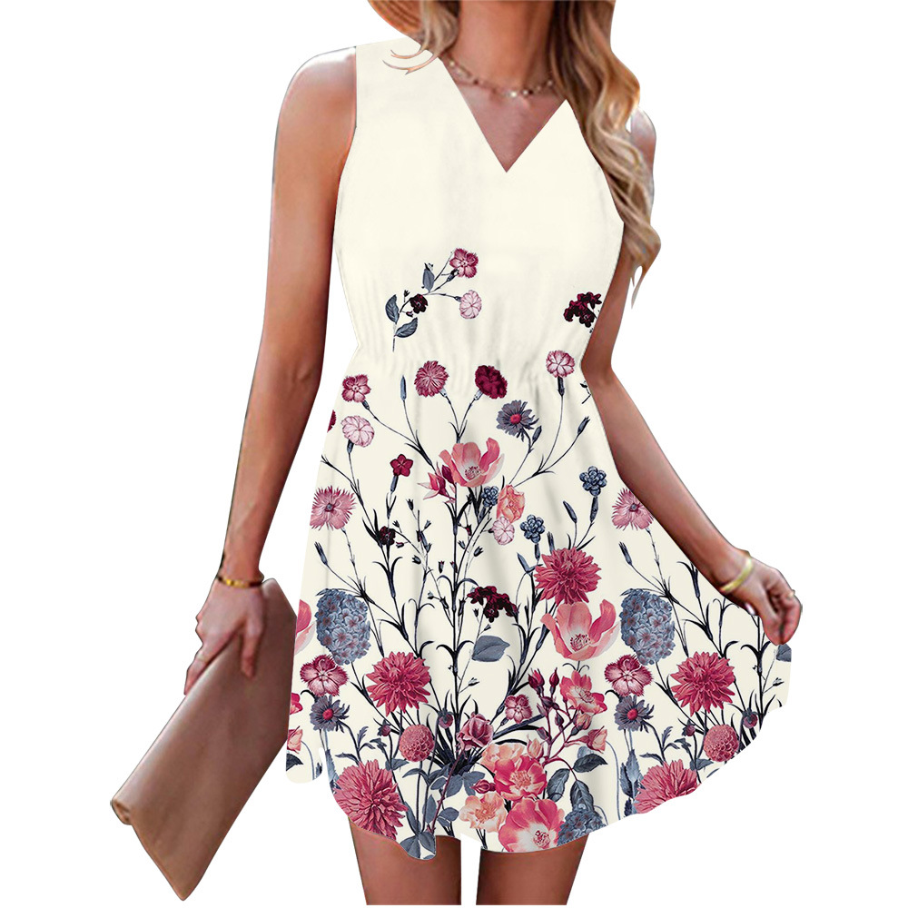 S441Stylish V-Neck Sleeveless Printed Mini Dress for Women - Ideal for International Markets
