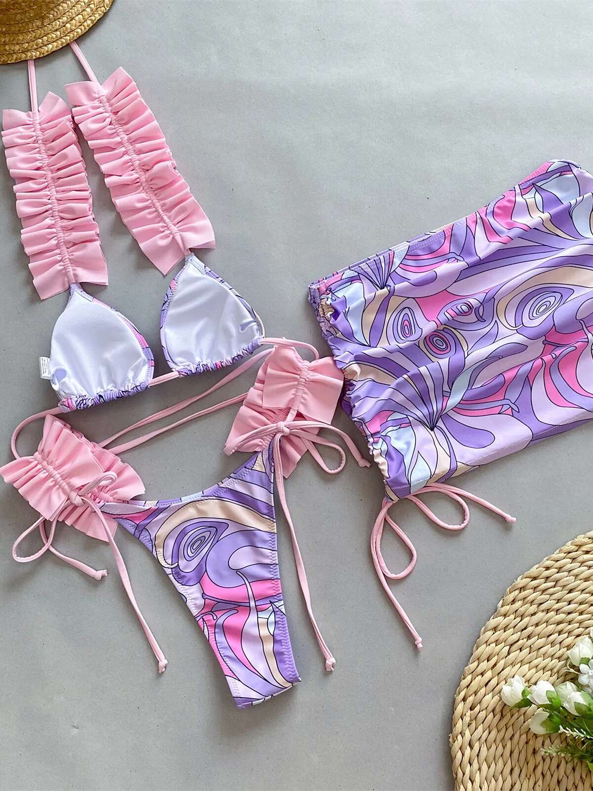 Dongdumaoyi Sexy Ruffle Pleate Strap Bikini Women Purple Floral Print Skirt Sarong Piece Swimsuit Bathing Suit Coverup Thong Swimwear