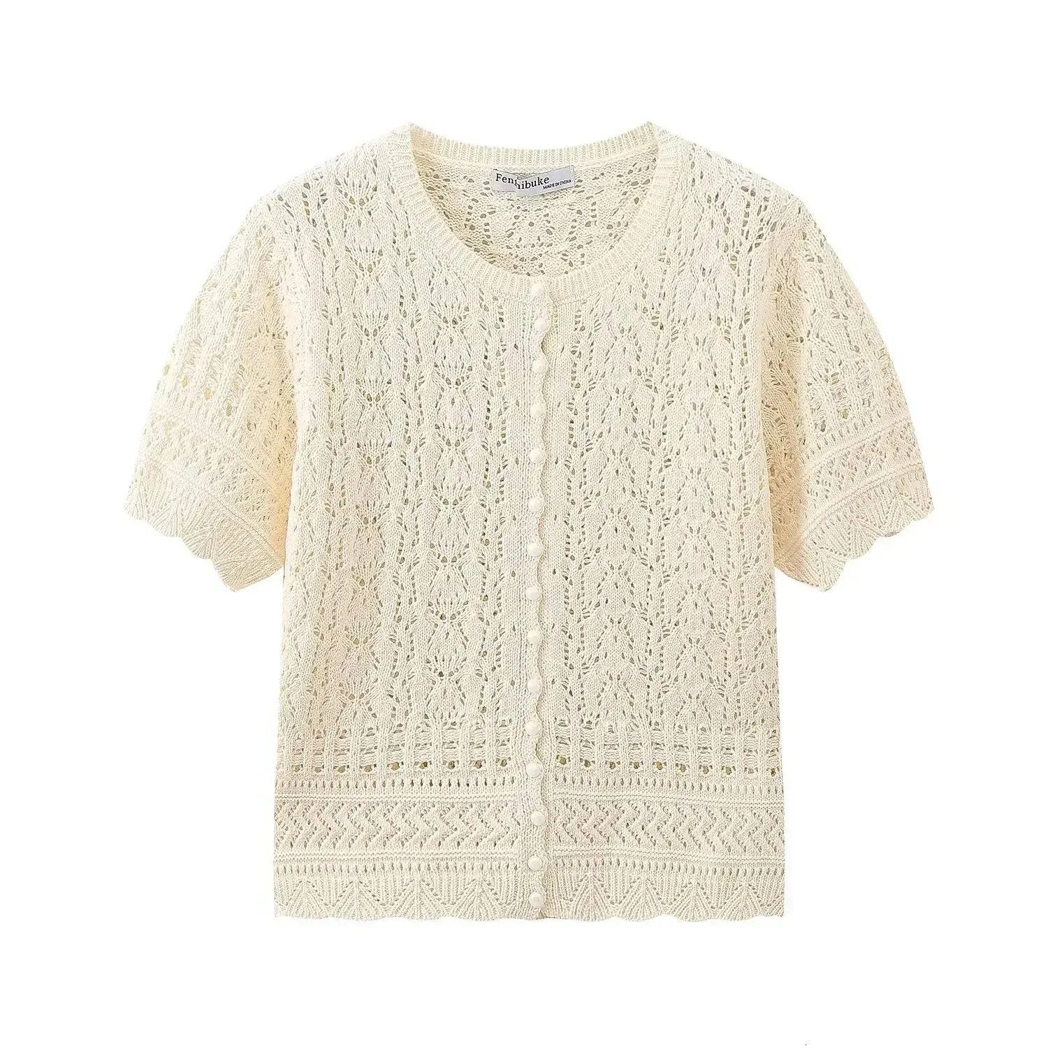 TRAFSHE Women Summer Elegant Short-Sleeved Pearl-breasted Decoration Knitted Cardigan Jacket Womens O-neck Hollow Jacket 250408