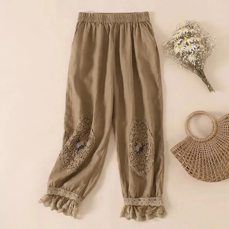 Bloomers Lace Linen Solid Casual Elastic High Waist Loose Wide Leg Womens Pants Ankle-Length Pants For Women Clothing 2025 250408