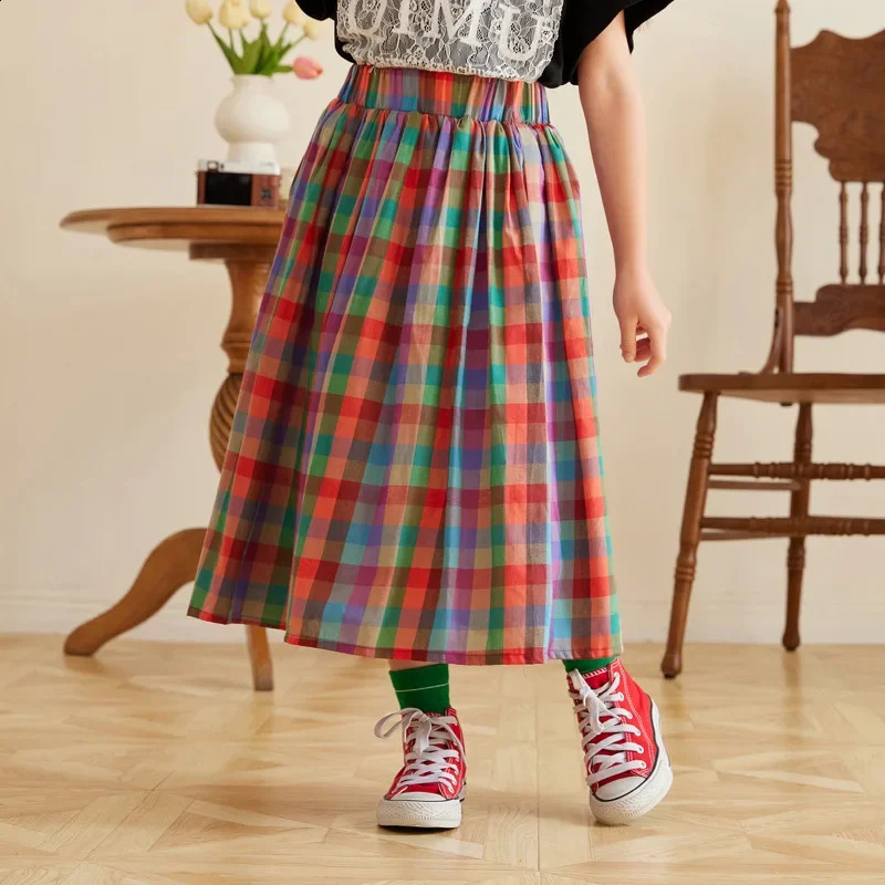 Teenager Kids Long Skirt Cotton Rainbow Plaid Skirt for Girls Spring Summer Casual Daily Simple Versatile Skirt 6 8 10 12 Years 250408