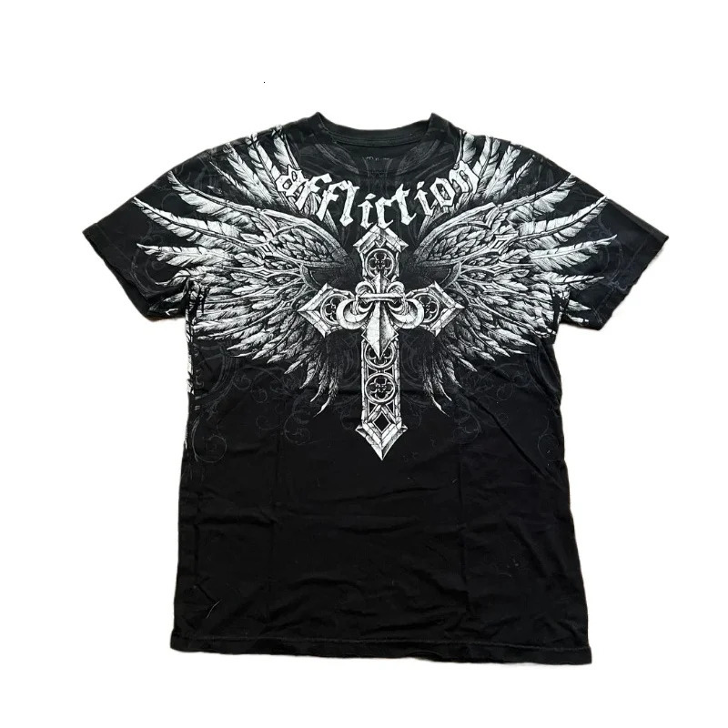 Influence short sleeved Y2K retro clothing punk hiphop graphic printing oversized Tshirt for women round neck pure cotton top 250408