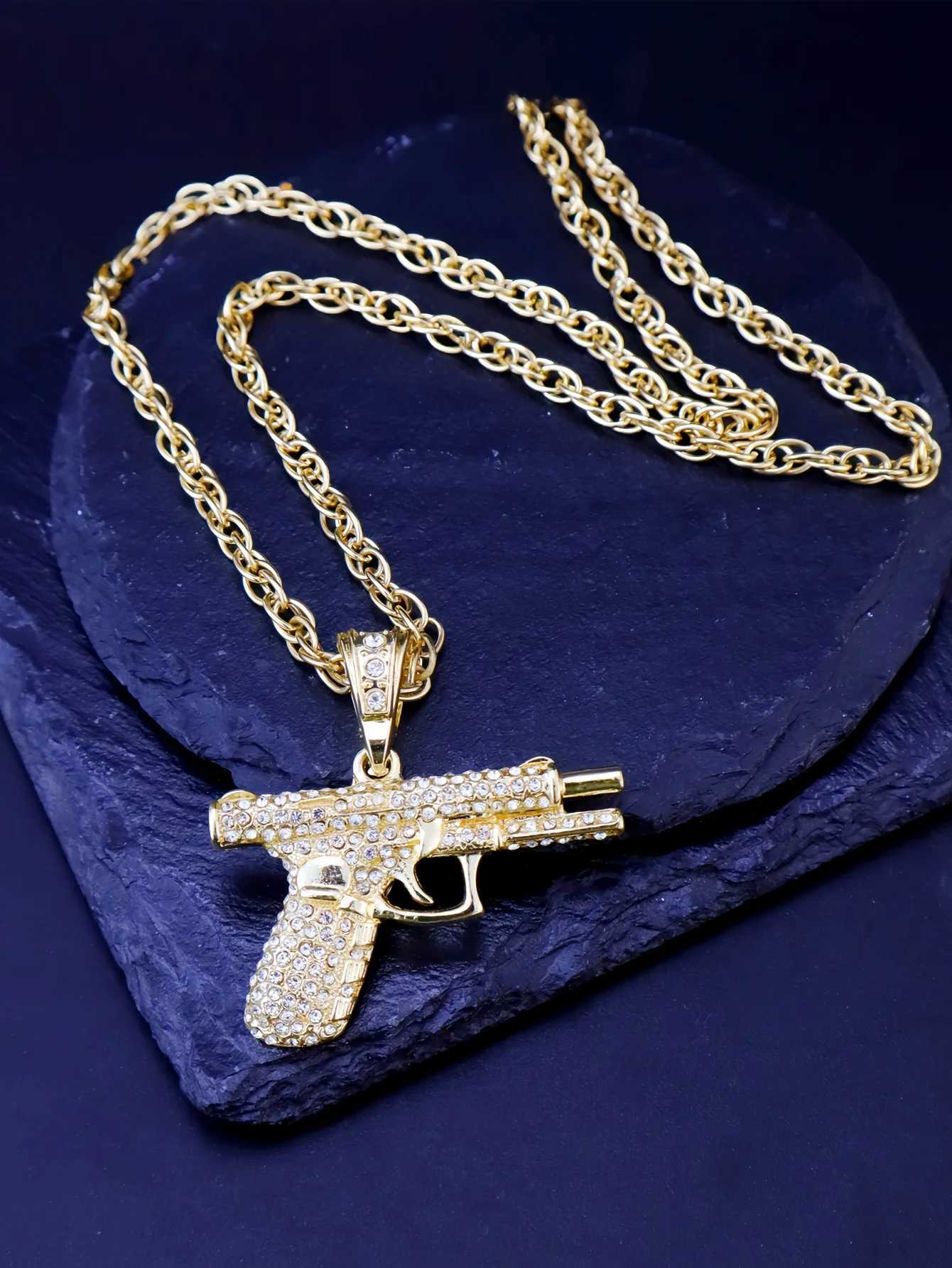 Men Rhinestone Gun Charm NecklaceC250407