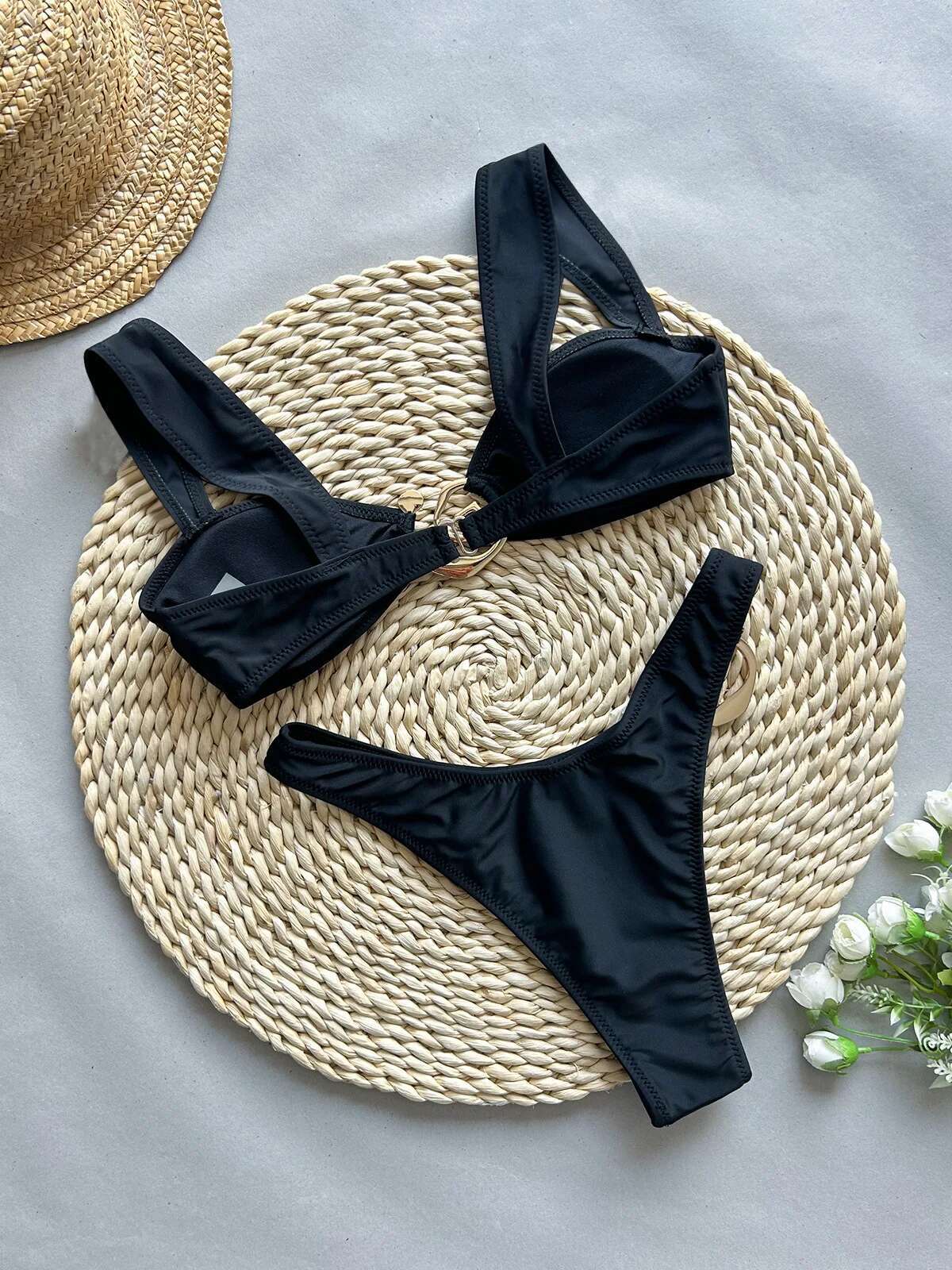 Dongdumaoyi Sexy Push Up Bikinis Sets Women Black Metal Designer Micro Swimsuit Brazilian Cut Out Bathing Suit Thong Swimwear Biquini