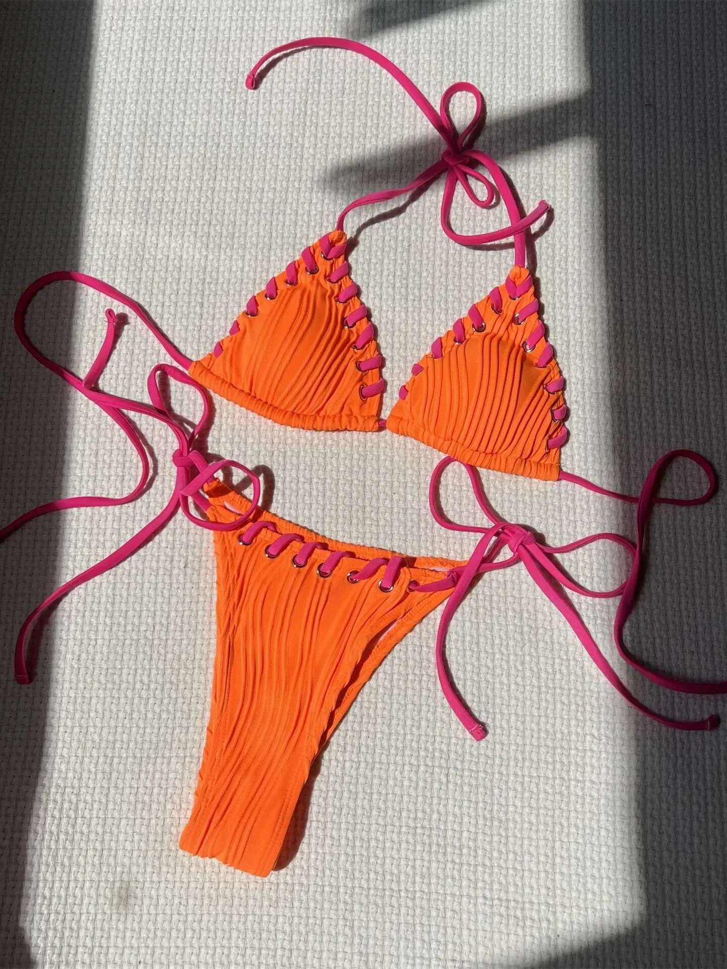 Dongdumaoyi Sexy Micro Bikini Women Beige Brown Pink Weave Bandage Cross Crochet Swimsuit Brazilian Beach Bathing Suit Thong Swimwear