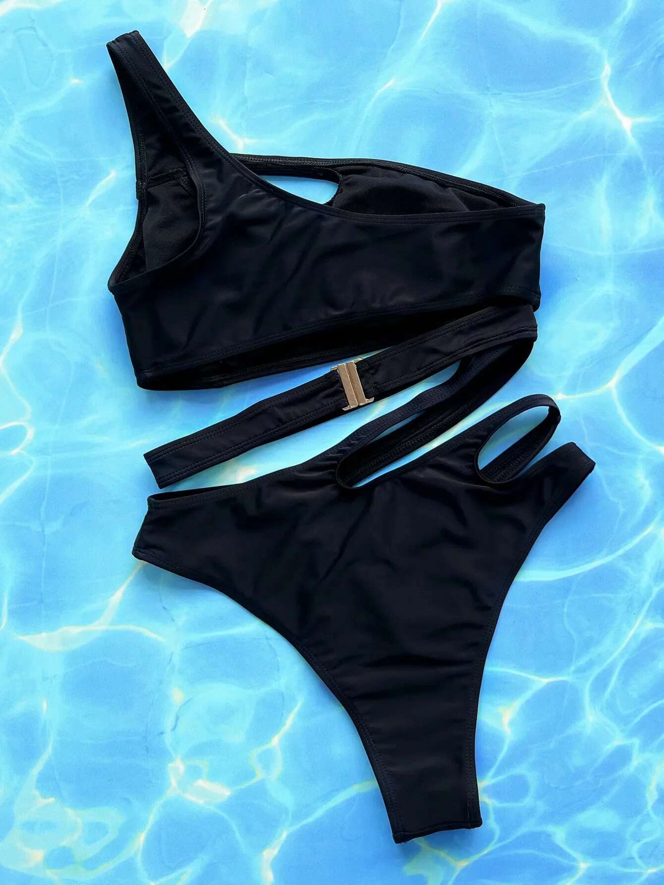 Dongdumaoyi Sexy Hollow Out Bikini Set Women Black One Shoulder Bandage One Piece Swimsuit Summer Bathing Suit High Waist Swimwear
