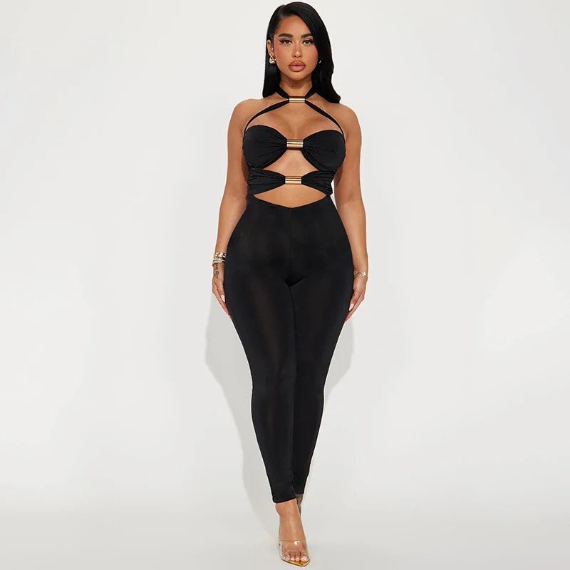 BIIKPIIK Sexy Hollow Out Skinny Jumpsuits For Lady Club Metal Decoration Halter Backless Black Rompers Fashion Aesthetic Overall 250407