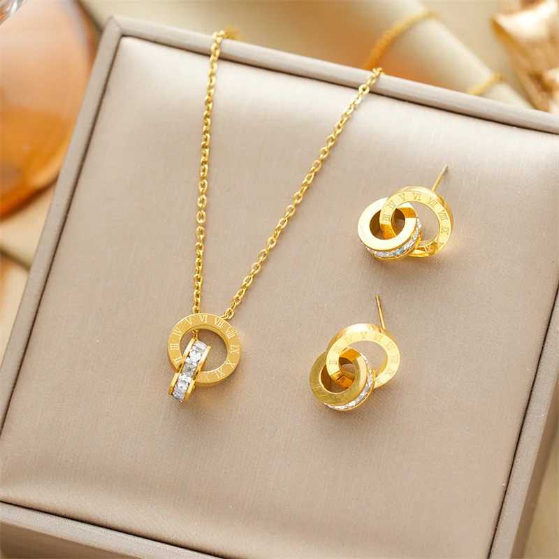Elevate Your Style! Stainless Steel Roman Numeral - Inscribed Gold Jewelry Set Necklace Earrings Bracelet Y250408