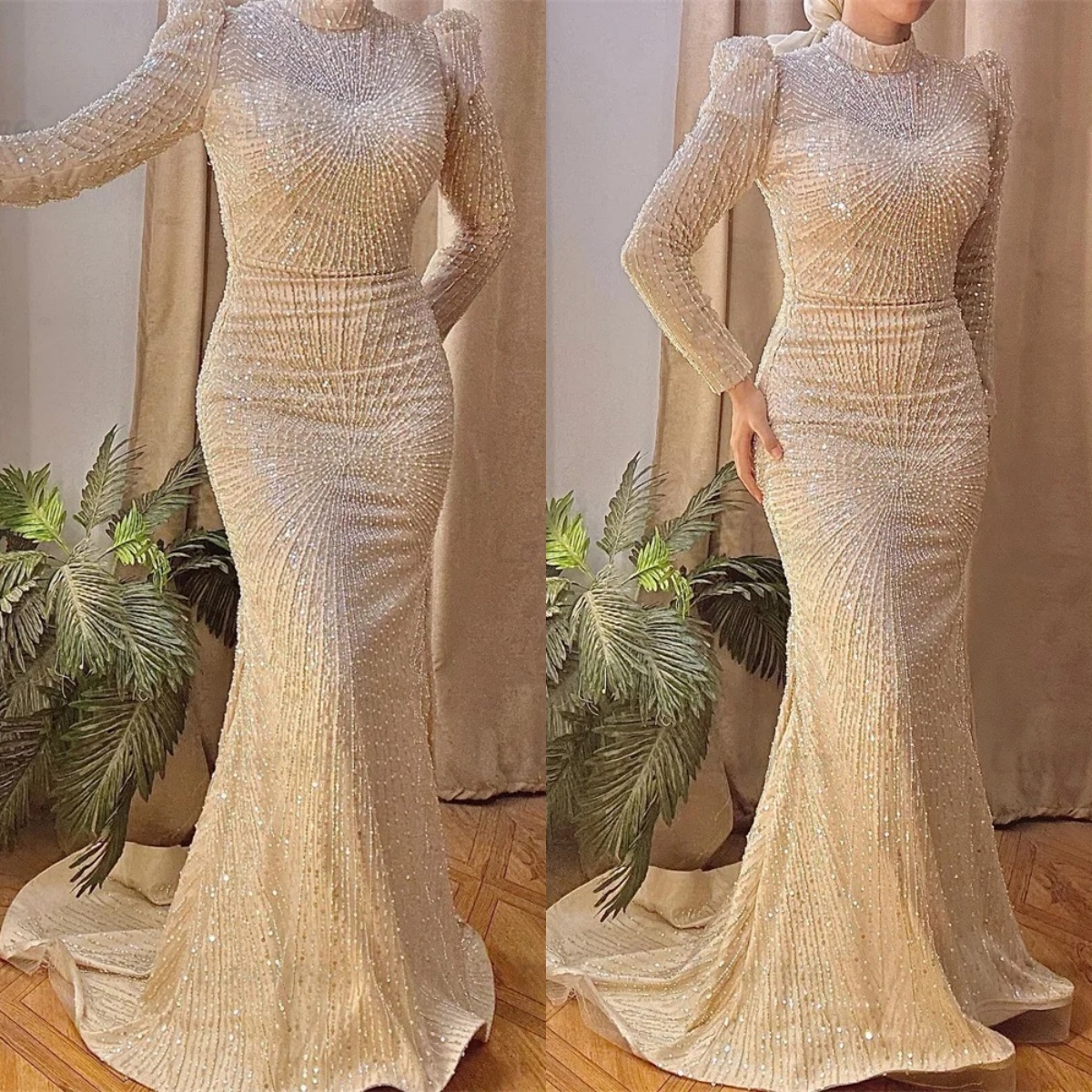 Simple Mermaid Evening Dresses High Collar Long Sleeves Gown Sequins Beaded Sweep Train Dress Party Customized Dress