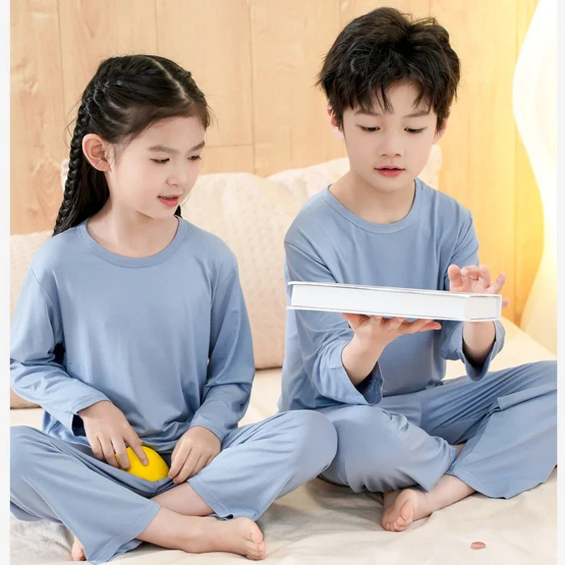 Pajamas Set for Kids Spring Summer Thin Long Sleeve Casual O-neck Children Sleepwear Two Pieces Modal Cotton Boys Girls Homewear 250407