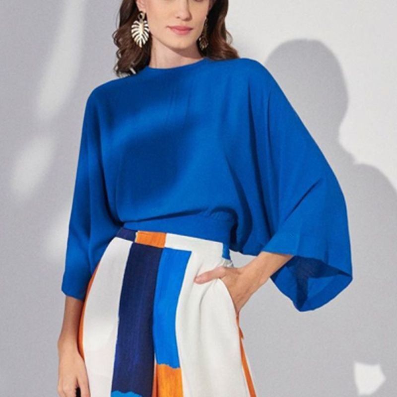 Womens Clothing New Temperament Loose Commuter Blue Top High Waist Wide Leg Pants Suit