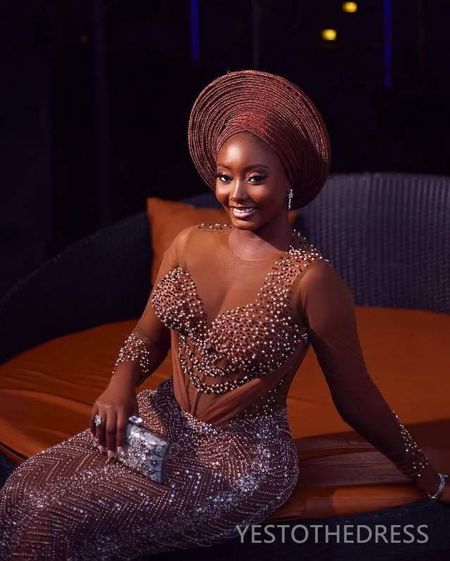 2025 Plus Size Aso Ebi Brown Prom Dress Mermaid Prom Dresses Evening Formal Gowns For Special Occasions Sheer Neck Beaded Lace Birthday Second Recepti