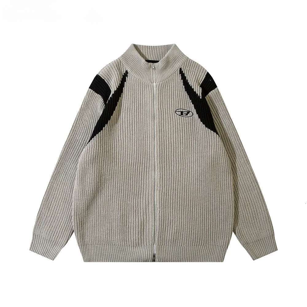 Contrast Paneled Mens Streetwear Cardigan Knitted Sweater Autumn Winter Loose Casual Long Sleeve Zipper Outerwear Men
