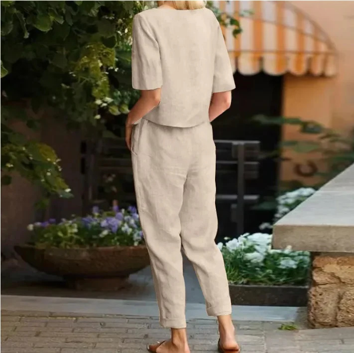 Womens Pullover Shirt And Pants Two-piece Set Womens Cotton And Linen Summer Suit Short Sleeved O-neck Outfit Pants 250408