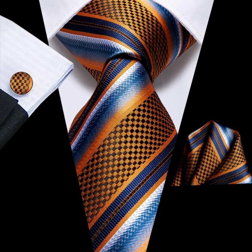 Hi-Tie Navy Blue Striped Silk Wedding Tie For Men Fashion Design Gift Men Necktie Hanky Cufflink Set Business Party Dropshiping X250407
