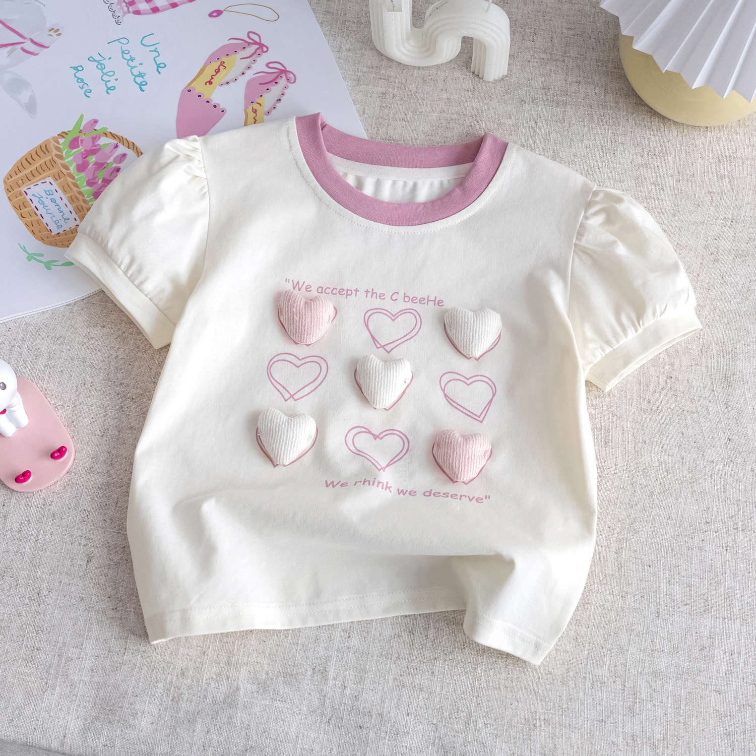 Ddmyshoesvip Girls Three Dimensional Love Short Sleeved T Shirt With Western Style Sweet Printed Bubble Sleeve Top Girls Summer New Base Shirt