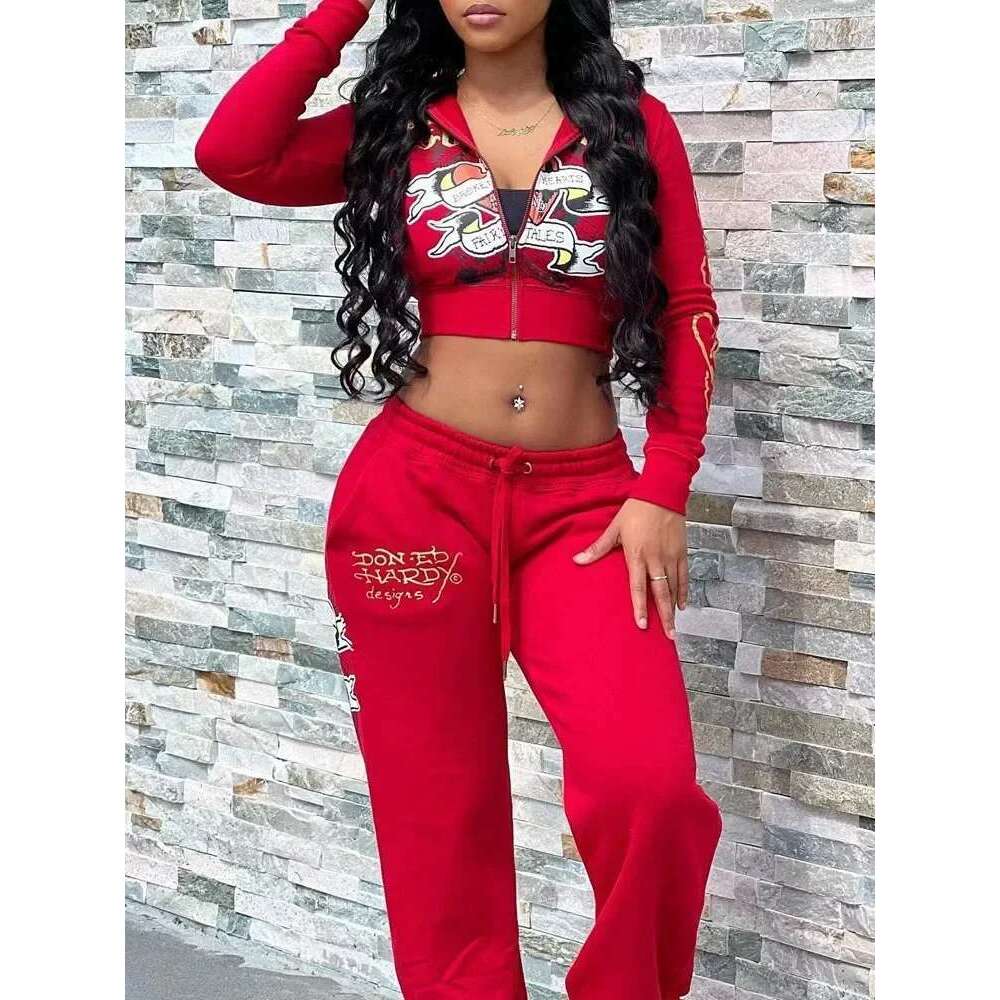 Bangniweigou Skull Love Print Zipper Short Cardigan + High Waist Straight Leg Pants Two Piece Set Women Tracksuit Autumn Winter