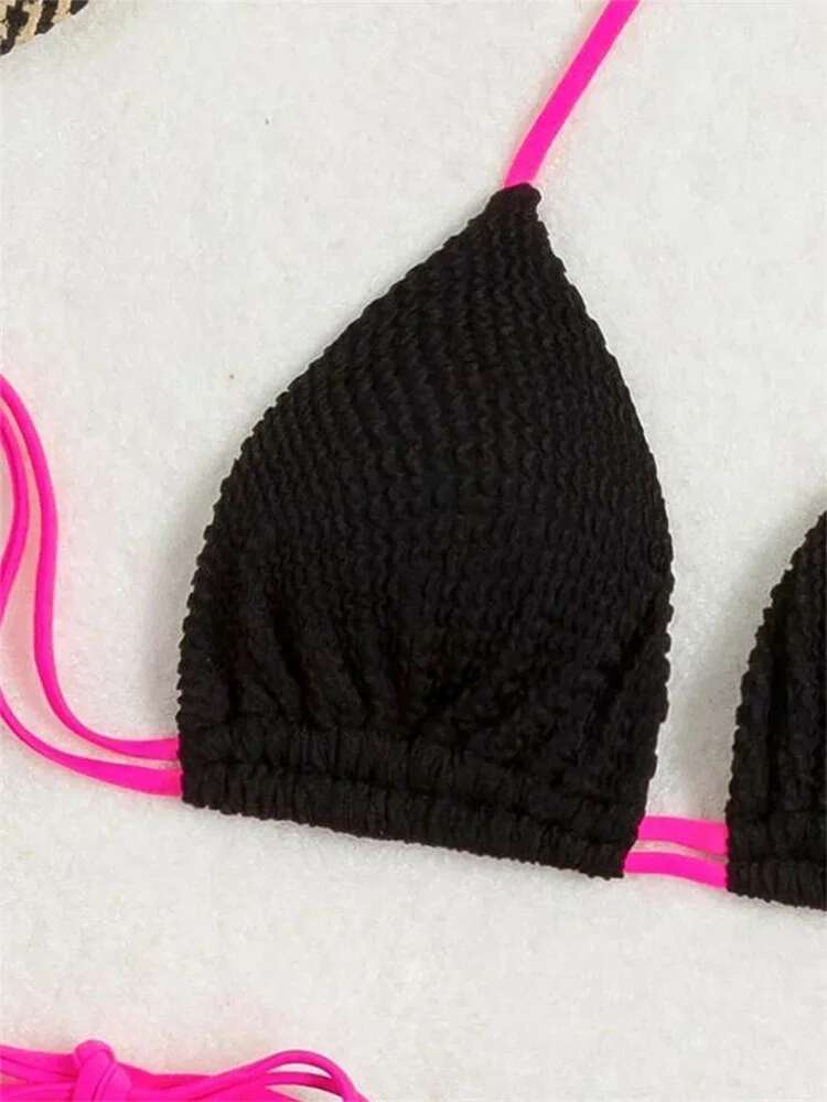 Dongdumaoyi Sexy Micro Bikini Women Pleated Push Up Bandage Tie Side Thong Swimsuit Summer Beach Black Patchwork Bathing Suit Swimwear