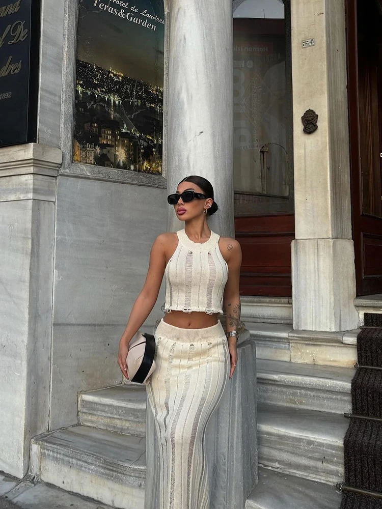 Hollow Knitted Dress 2-piece Set Womens Summer O-neck Sleeveless Crop Top High Waist Long Knitted Street Womens Clothing 250401