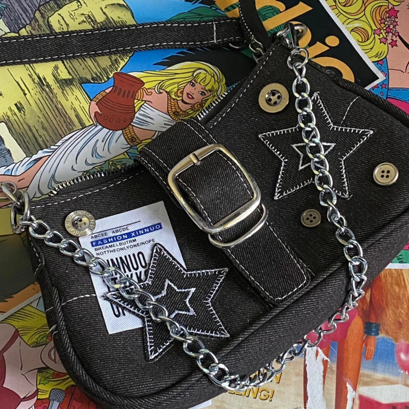 Y2k Fashion Womens Handbags Stars Pattern Cool Girls Underarm Bag Vintage Canvas Female Small Shoulder Bags Chain Tote Purses 250408