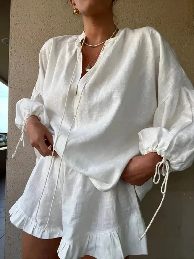 Women Casual Cotton Linen Ruffle Shorts Suits Long Sleeve Drawstring Linen Pullover 2 Ps Set Summer Ladies Beach Outfit Blouse 250407