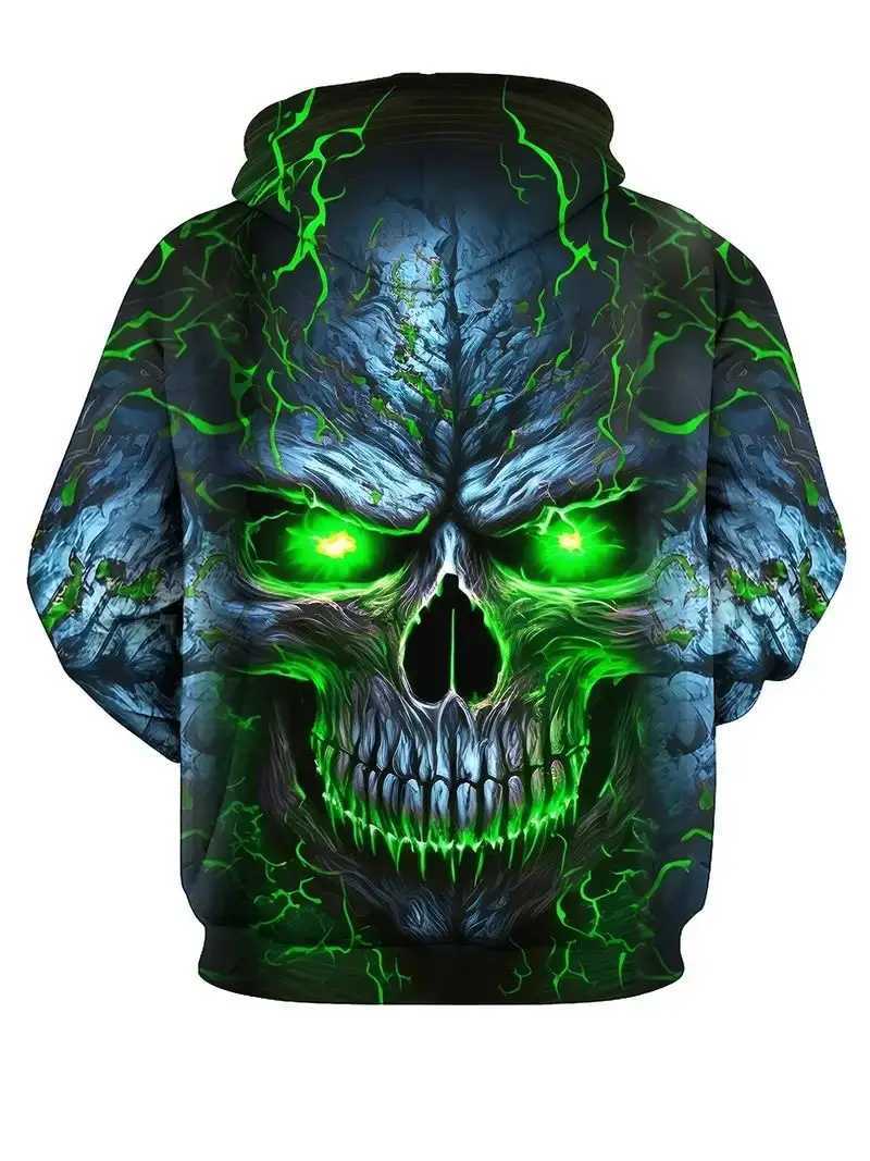 Casual mens hooded sweatshirt 3D printed with a burning skull graphic drawstring over large hooded sweatshirt lapel sweater autumn top W250408
