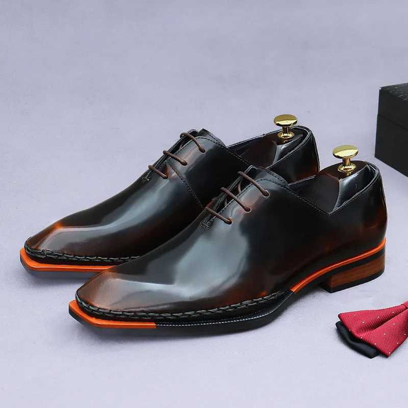 British Patent Leather Mens Business Dress Shoes Small Square Head Polished Handmade Genuine Leather Oxford Shoe for MenC250408