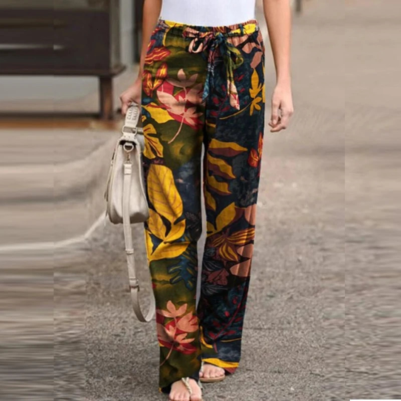 Vintage Women Drawstring Trousers Spring Autumn Fashion Floral Printed Wide Leg Pants Ladies Casual Loose Long Pantalones 250408