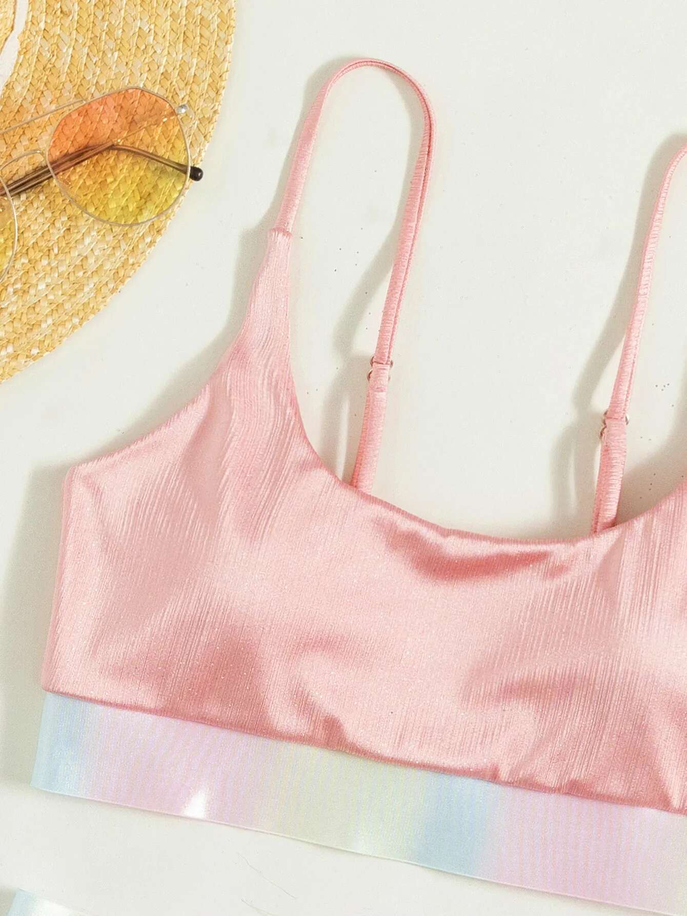 Dongdumaoyi Shiny Pink Contrast Bikini Set Women Halter Push Up Patchwork High Waist Swimsuit Designer Bathing Suit Two Piece Swimwear