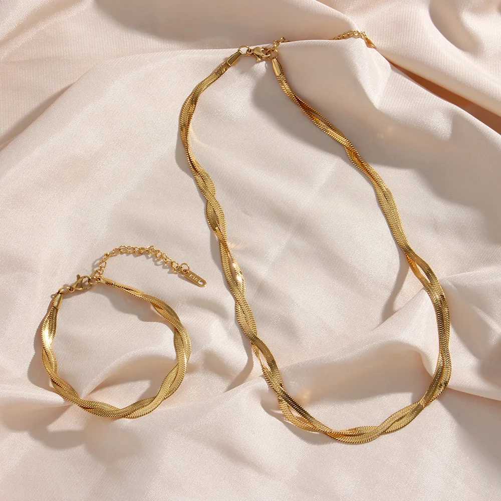 Gold plated waterproof woven new style chain necklace bracelet set wholesale stainless steel jewelry Y250408