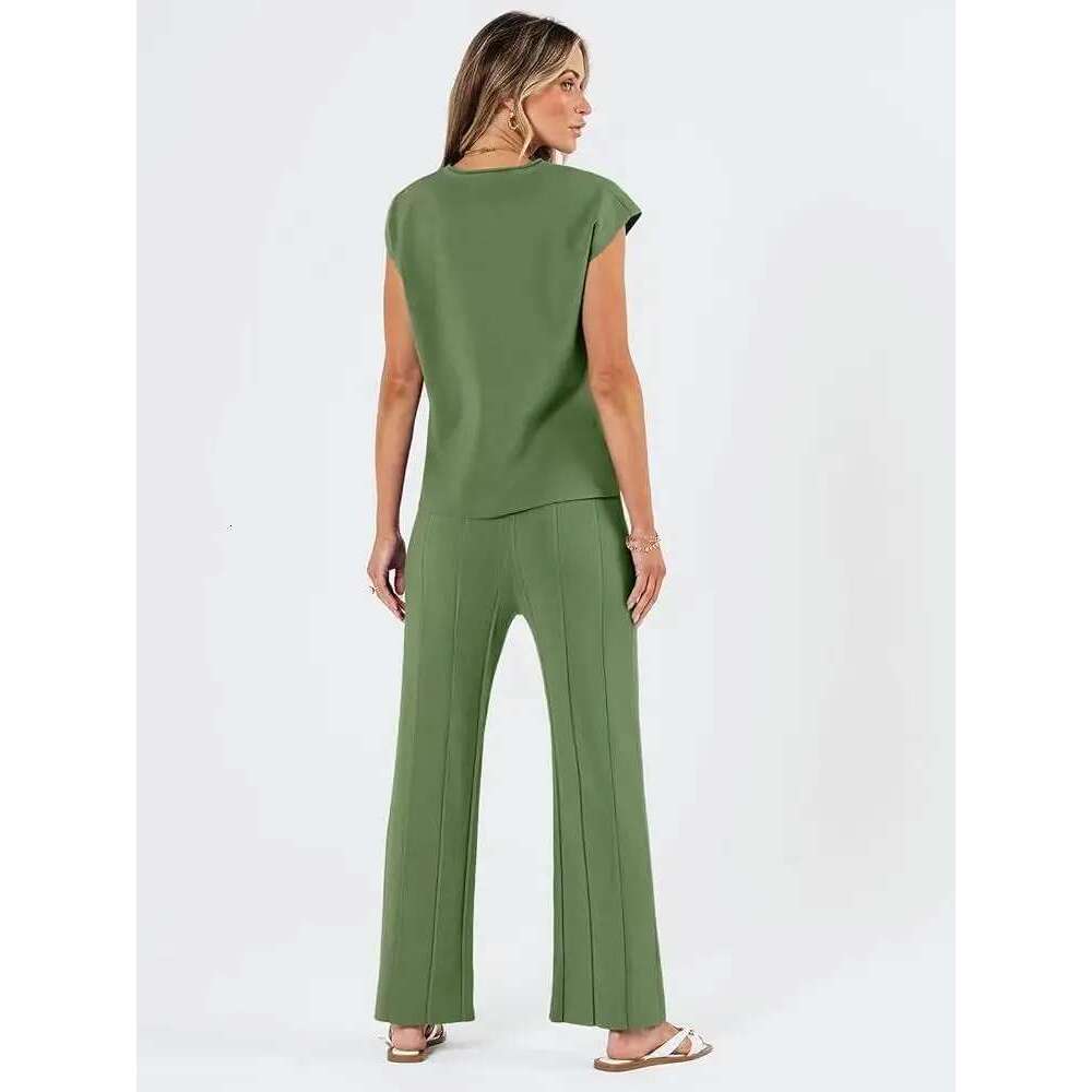 Stylish Women's Sleeveless Tank Top Knit Vest Wide-Leg Pants Ice Silk Suit, Summer New Solid Color Casual Outfit